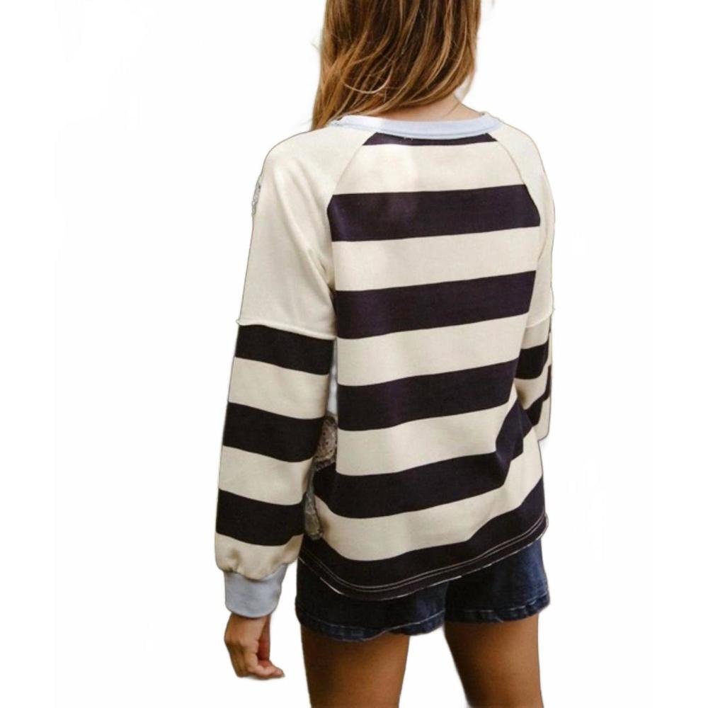 BiBi Cream and Black Striped Crewneck Sweater with Applique Lg - Picture 2 of 3